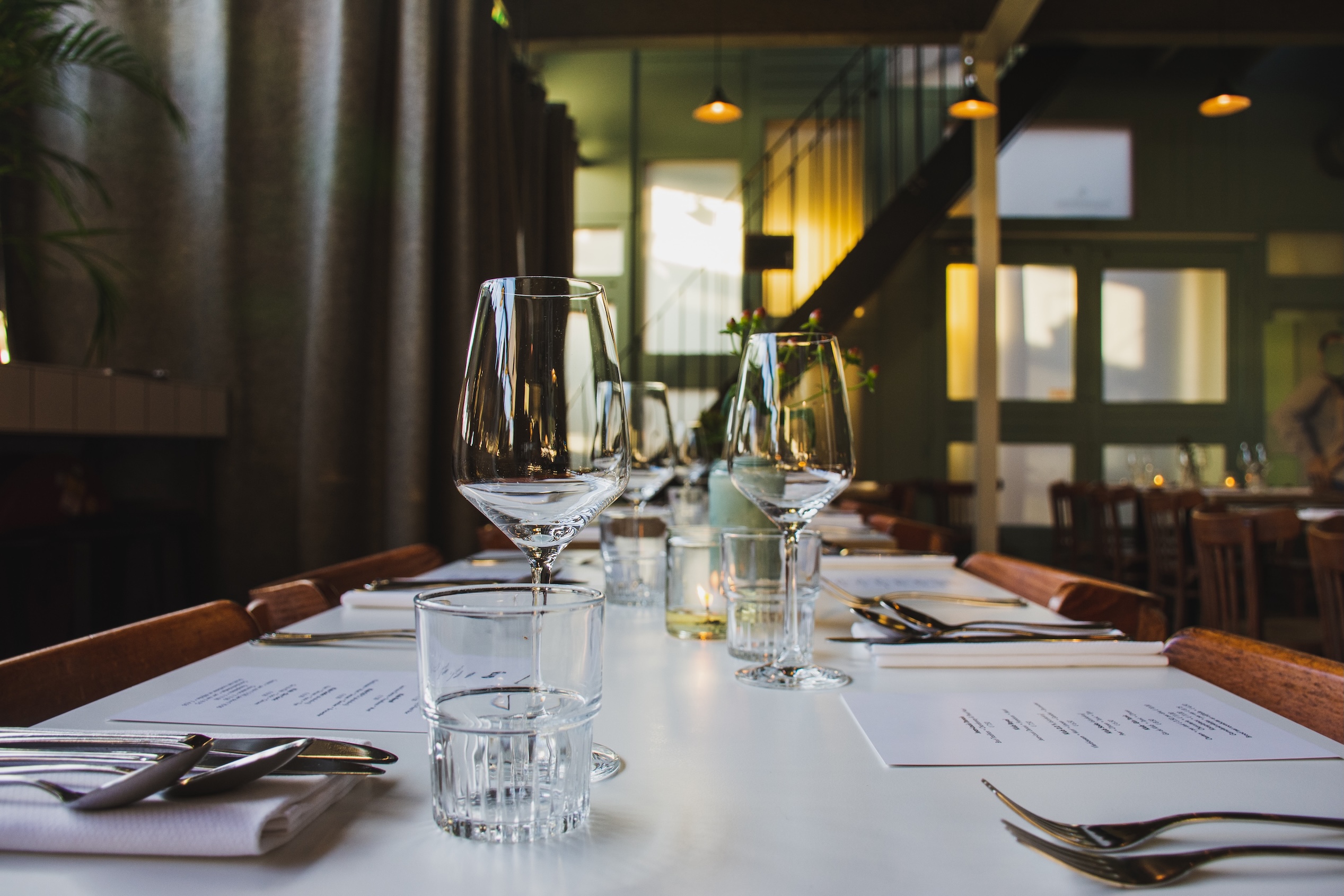Close-up of wineglasses on a dining-table in a restaurant